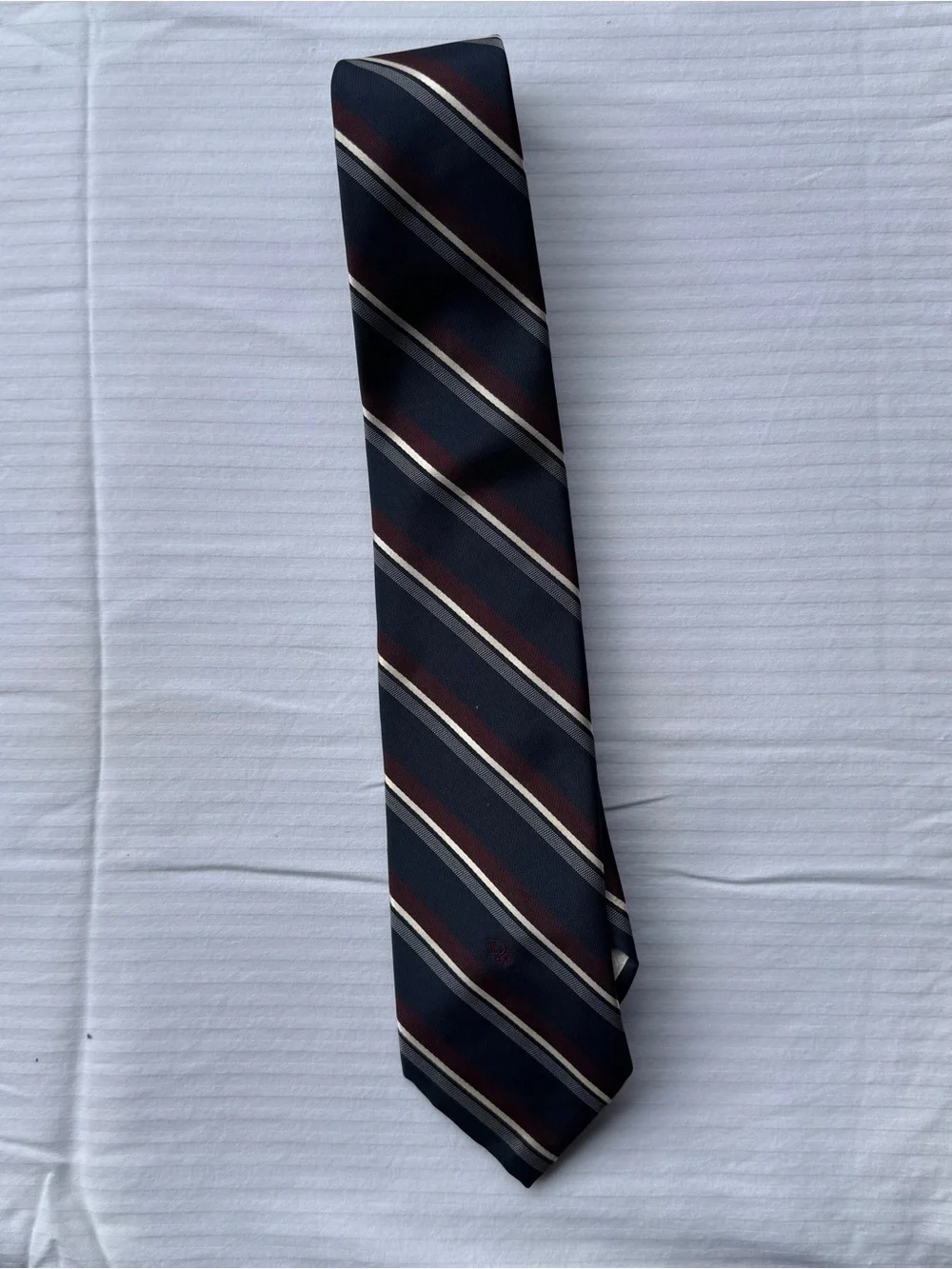 Christian Dior Men's Navy and Burgundy Striped Silk Tie